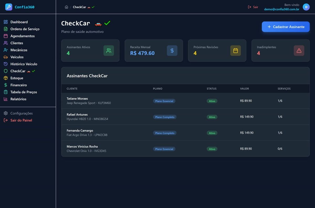 Tela do CheckCar com assinantes ativos, receita mensal recorrente, próximas revisões e inadimplentes.