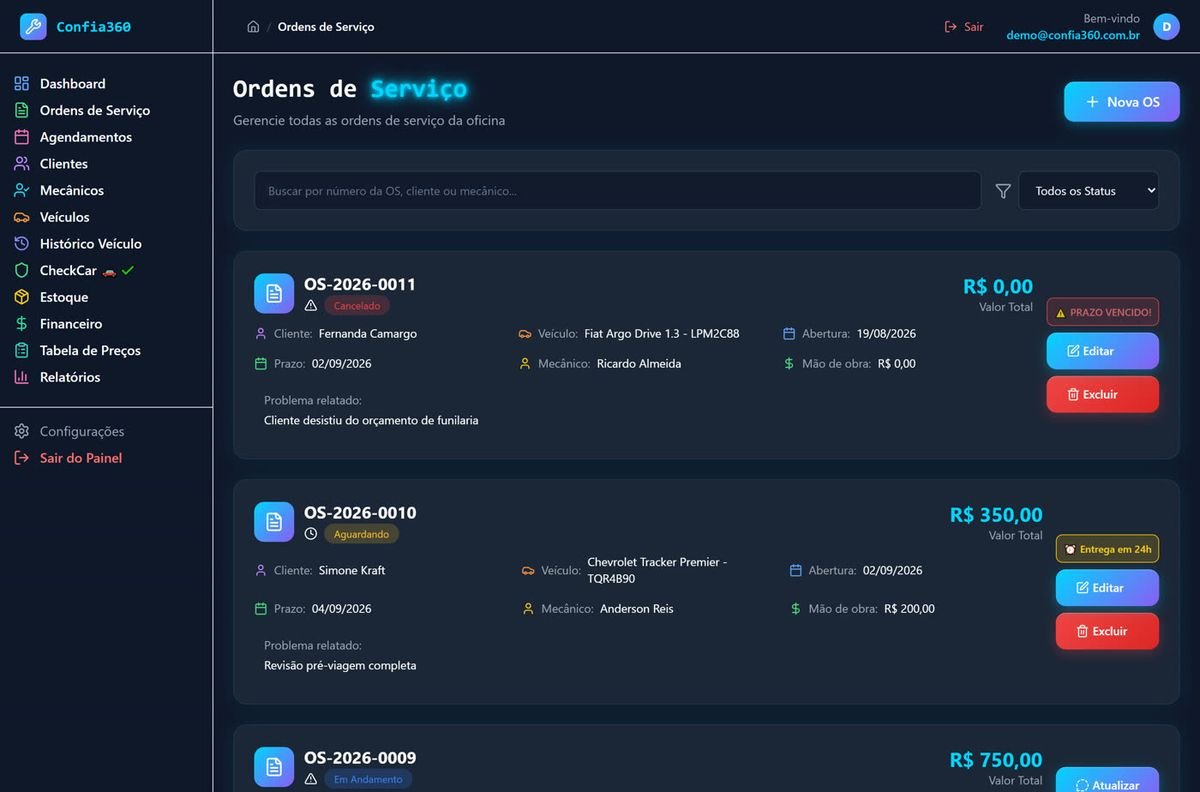 Lista de ordens de serviço com cliente, veículo, mecânico, prazo, valor e alerta de prazo vencido.